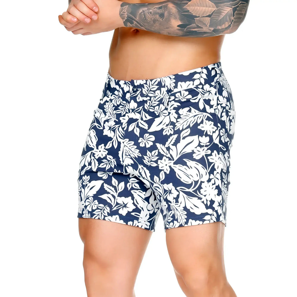 Navy blue Gigo Dynasty Blue short swim trunks with bold white floral pattern for beach and pool use