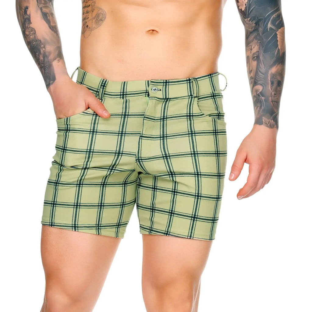 Gigo Dynasty olive short light green and black plaid shorts with button closure comfortable casual wear