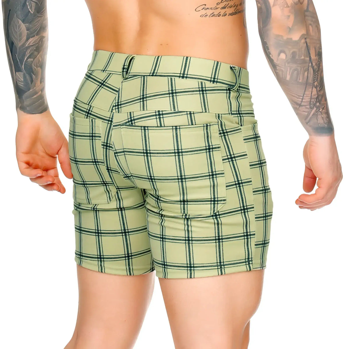 Gigo dynasty olive short light green plaid shorts with black grid lines and tailored fit for casual wear
