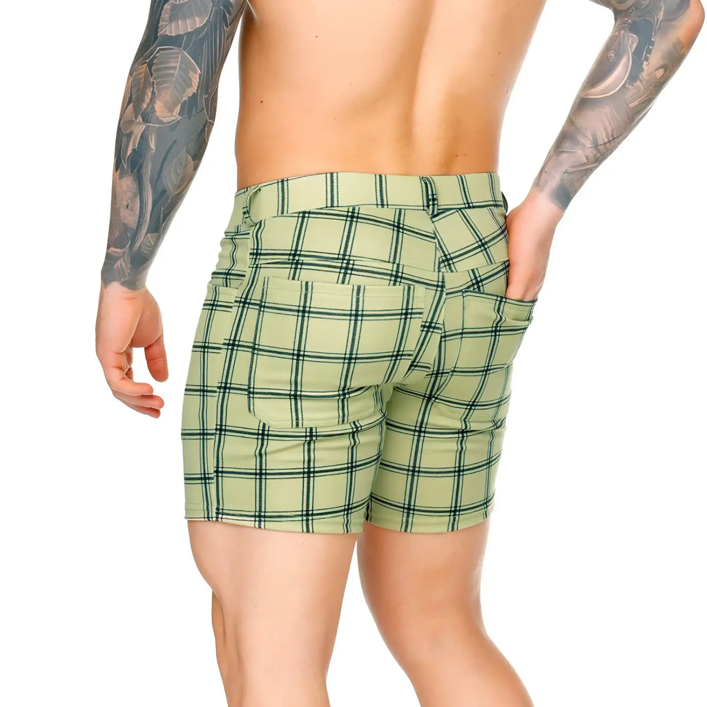 Gigo Dynasty olive short light green plaid tailored shorts with black stripes ideal for casual summer wear