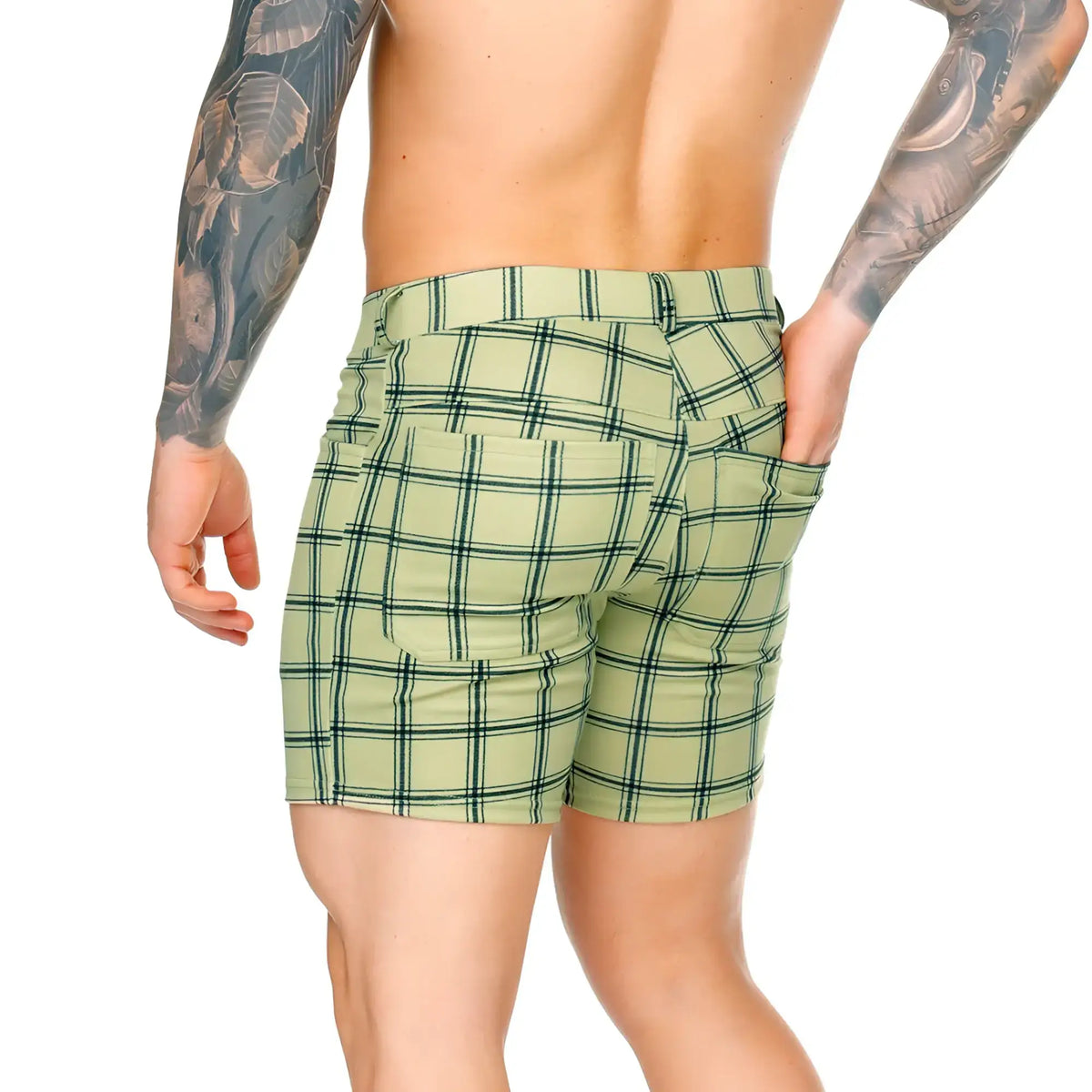 Gigo Dynasty olive short light green plaid tailored shorts with black stripes ideal for casual summer wear