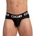 Black gigo energetic mesh briefs with white logo band showing front side in breathable comfortable fabric