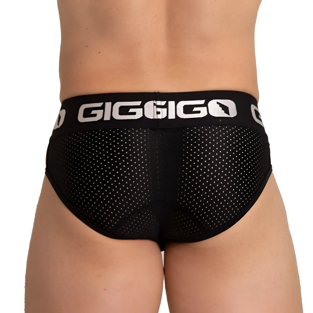 Black gigo energetic brief with perforated mesh design and white logo trim for breathable comfort