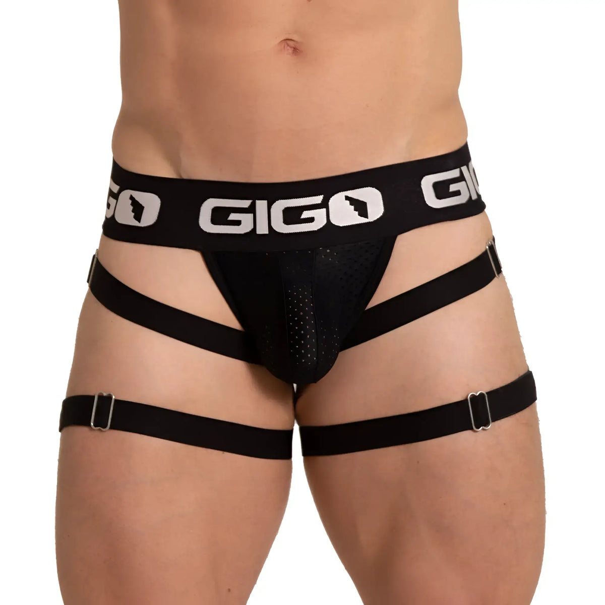 Black gigo menÃ¢â‚¬â„¢s energetic jock harness-style briefs with mesh front and adjustable straps