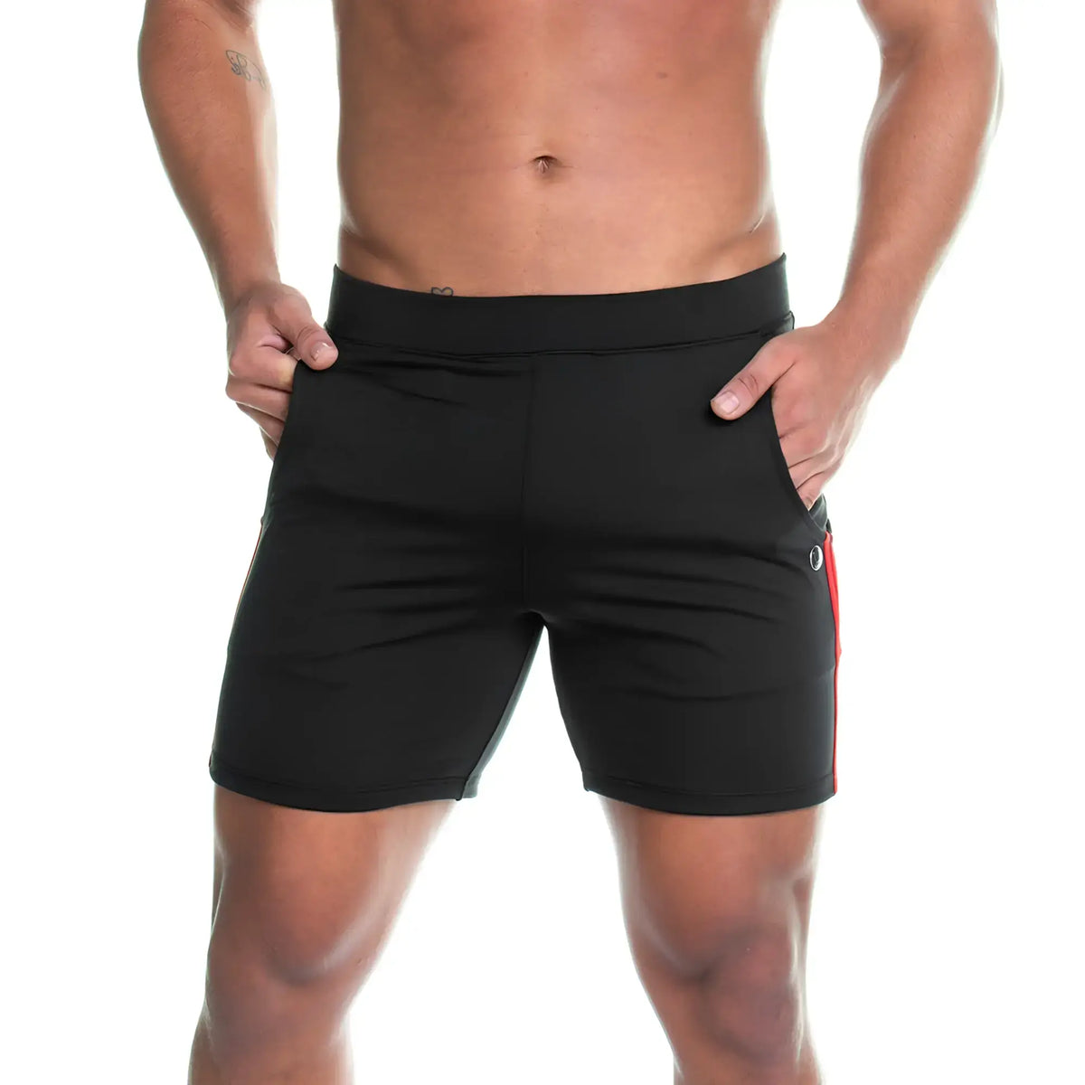 Gigo energetic black athletic shorts with a red side stripe and small circular logo on the thigh