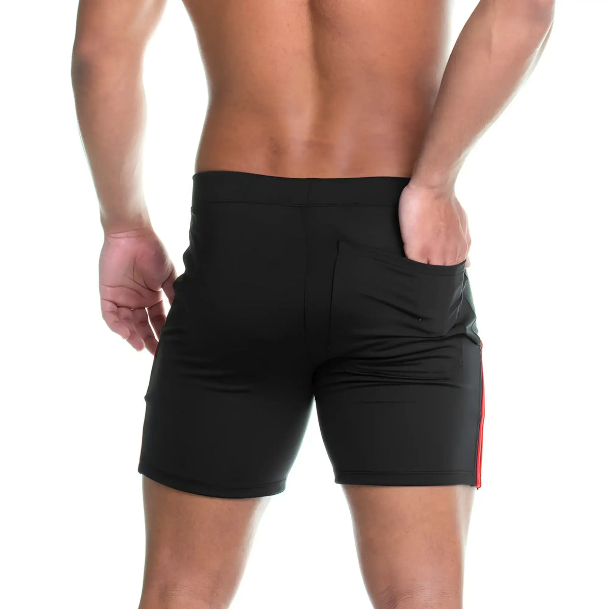 Back view of gigo energetic black athletic shorts with red side stripe and rear pocket for active wear