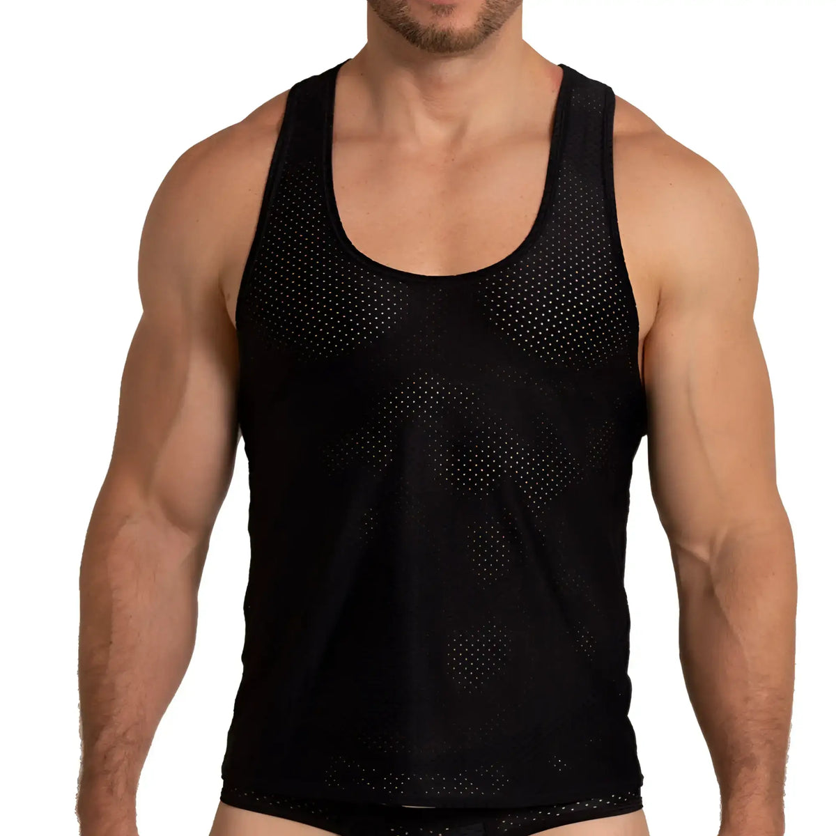 Gigo energetic black tank featuring a perforated mesh design for breathable and stylish activewear