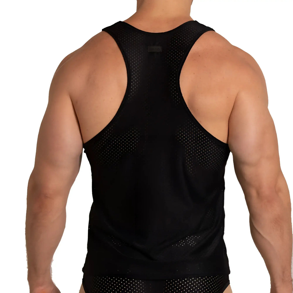 Gigo Energetic black tank with racerback design made of breathable perforated black mesh fabric visible from the back