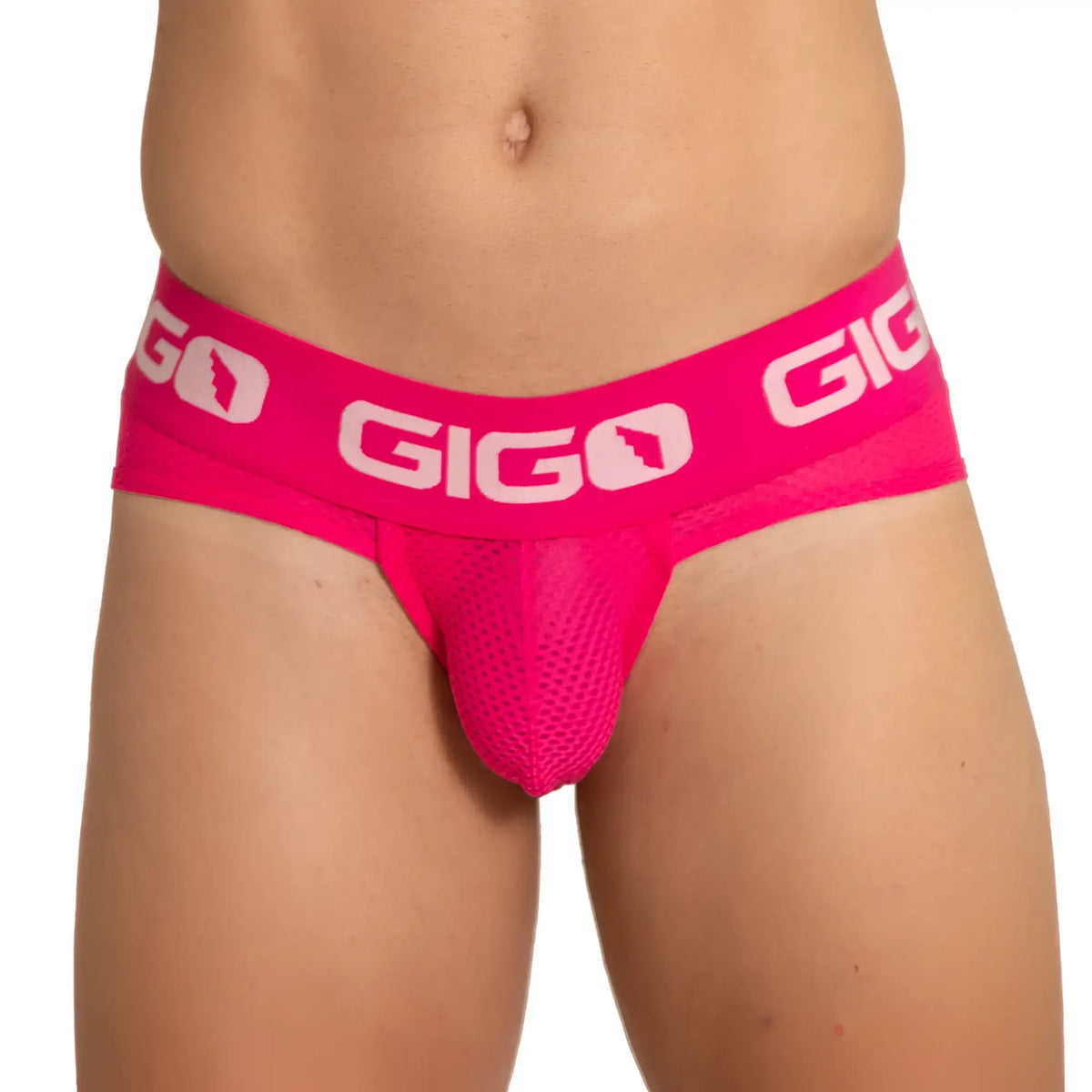 Bright pink gigo energetic fuchsia brief jockstrap with mesh front and elastic waistband for active wear