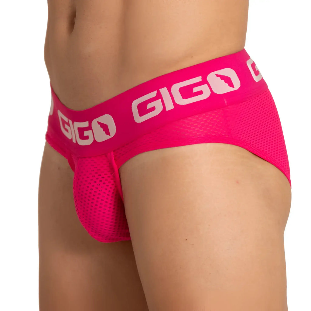 Bright pink gigo energetic fuchsia briefs with mesh fabric and white logo trim for comfortable everyday wear