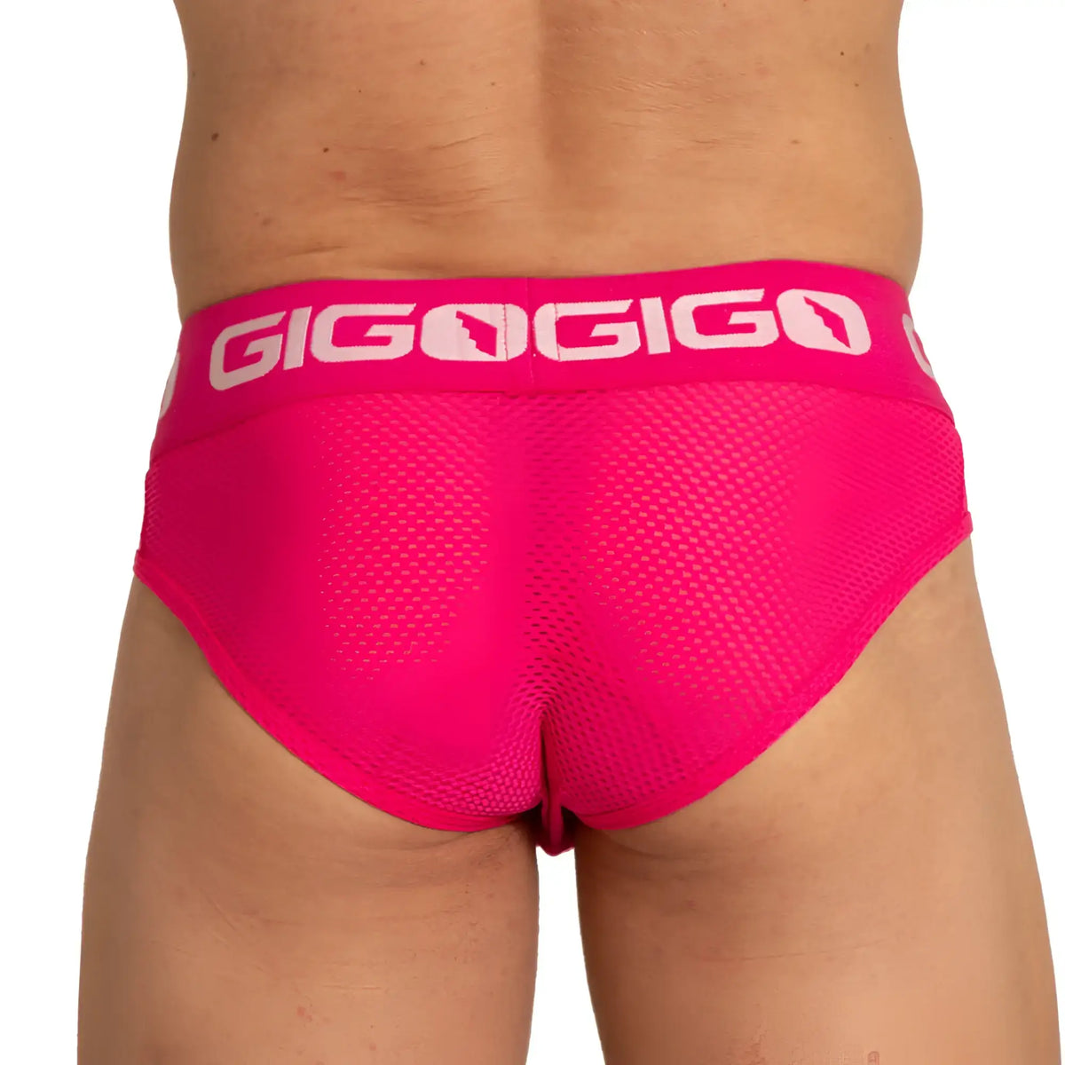 Bright pink mesh briefs with white gigogigo logo band from gigo energetic fucshia brief collection