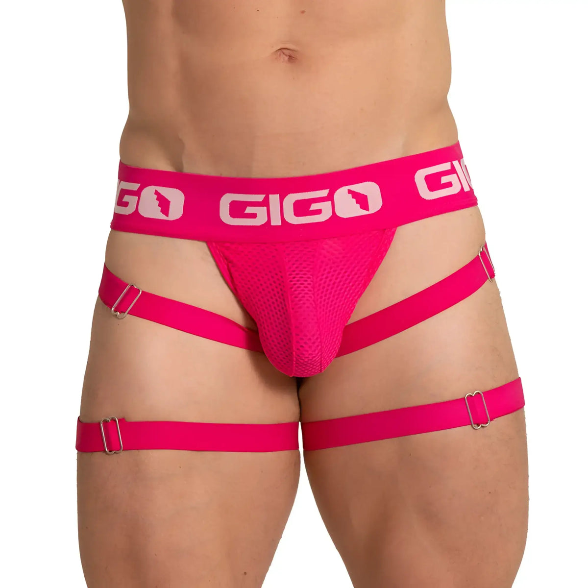 Bright pink gigo energetic fucshia jock briefs with mesh fabric and adjustable straps for comfortable wear