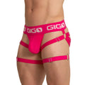 Bright pink gigo harness-style briefs with mesh fabric and adjustable straps shown from the back side