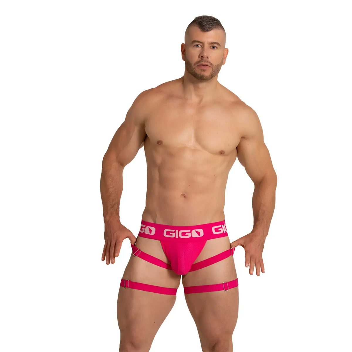 Bright pink gigo branded briefs with matching leg straps and a supportive strappy design from gigo energetic fucshia jock