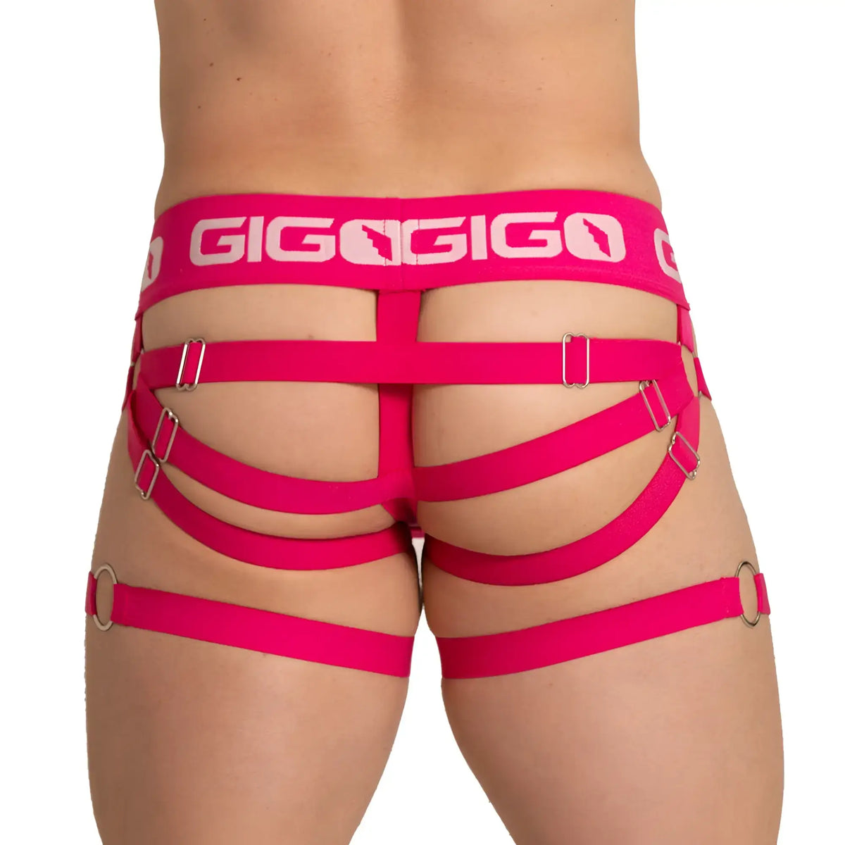 Bright pink giggigo energetic fucshia jock harness underwear with adjustable straps and metallic buckles visible from back