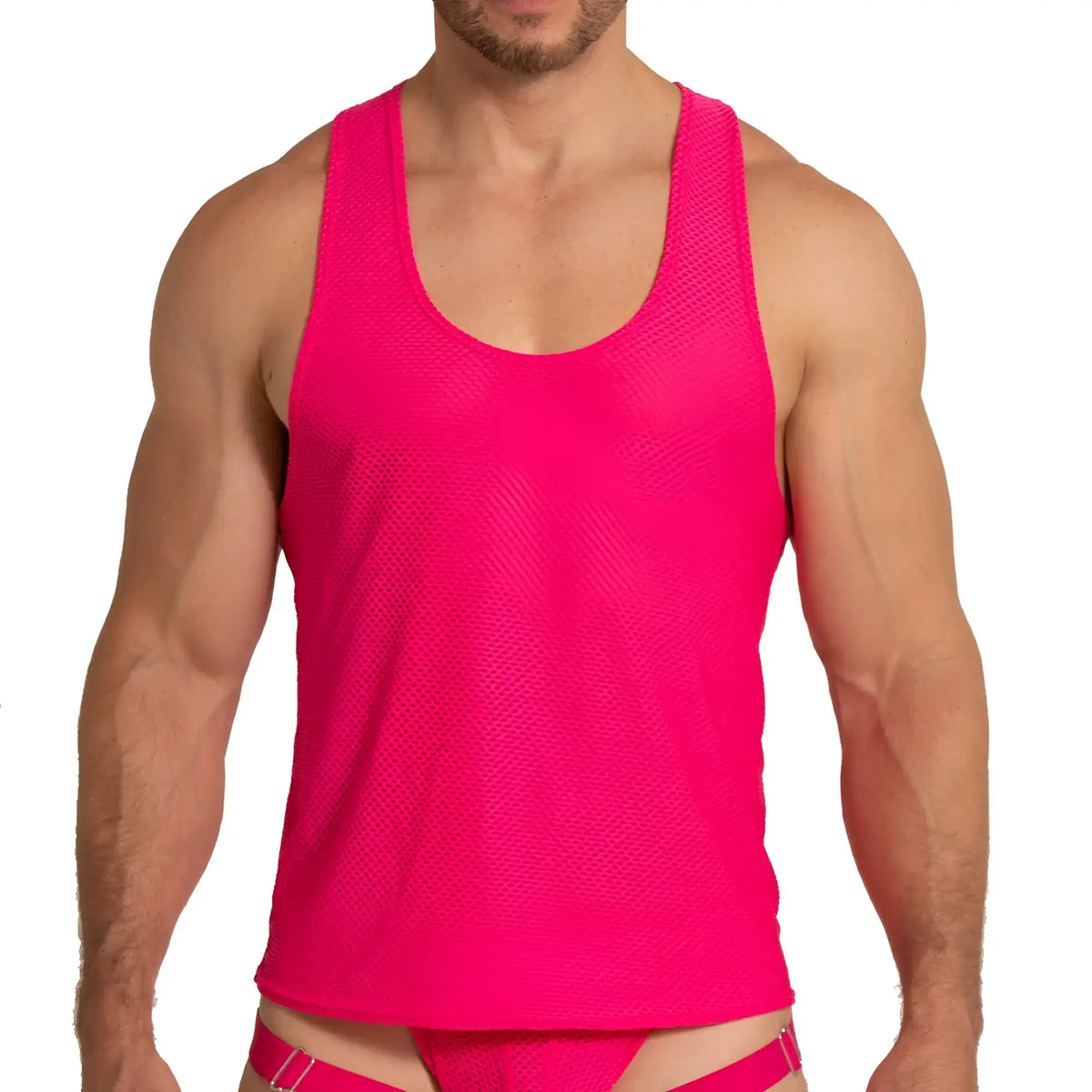 Bright pink mesh tank top from Gigo Energetic Fucshia tank with breathable fabric perfect for active wear