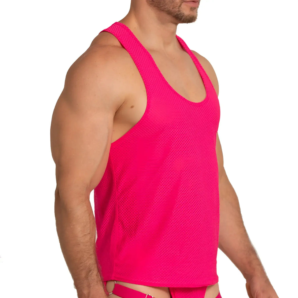 A vibrant fuchsia mesh Gigo Energetic tank top with a racerback design shown from the back side