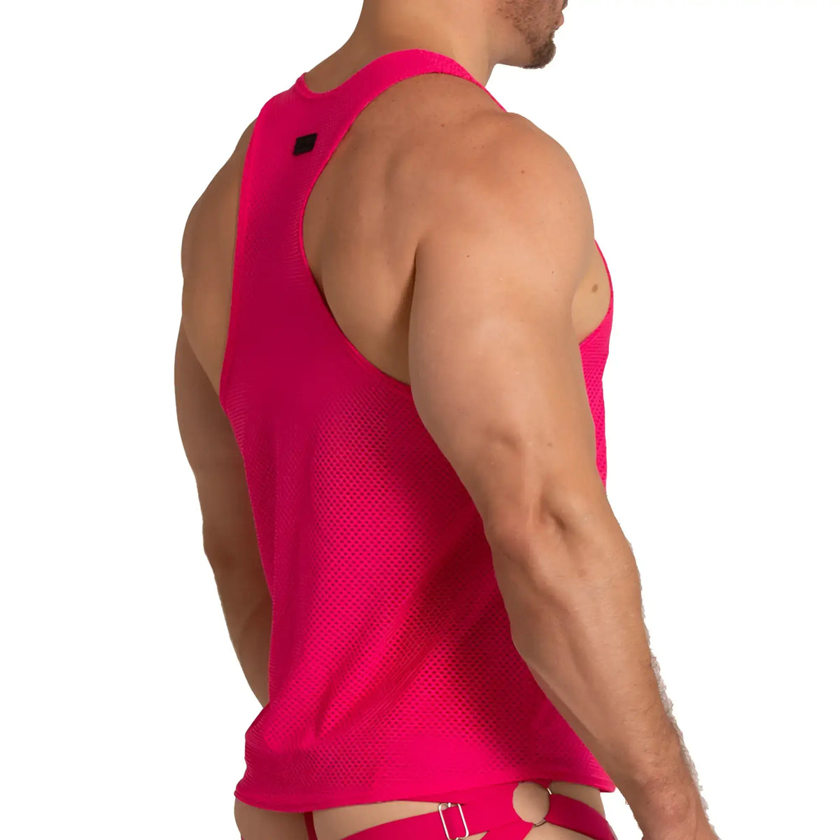 Bright pink mesh tank top with black logo on shoulder from gigo energetic fucshia tank collection
