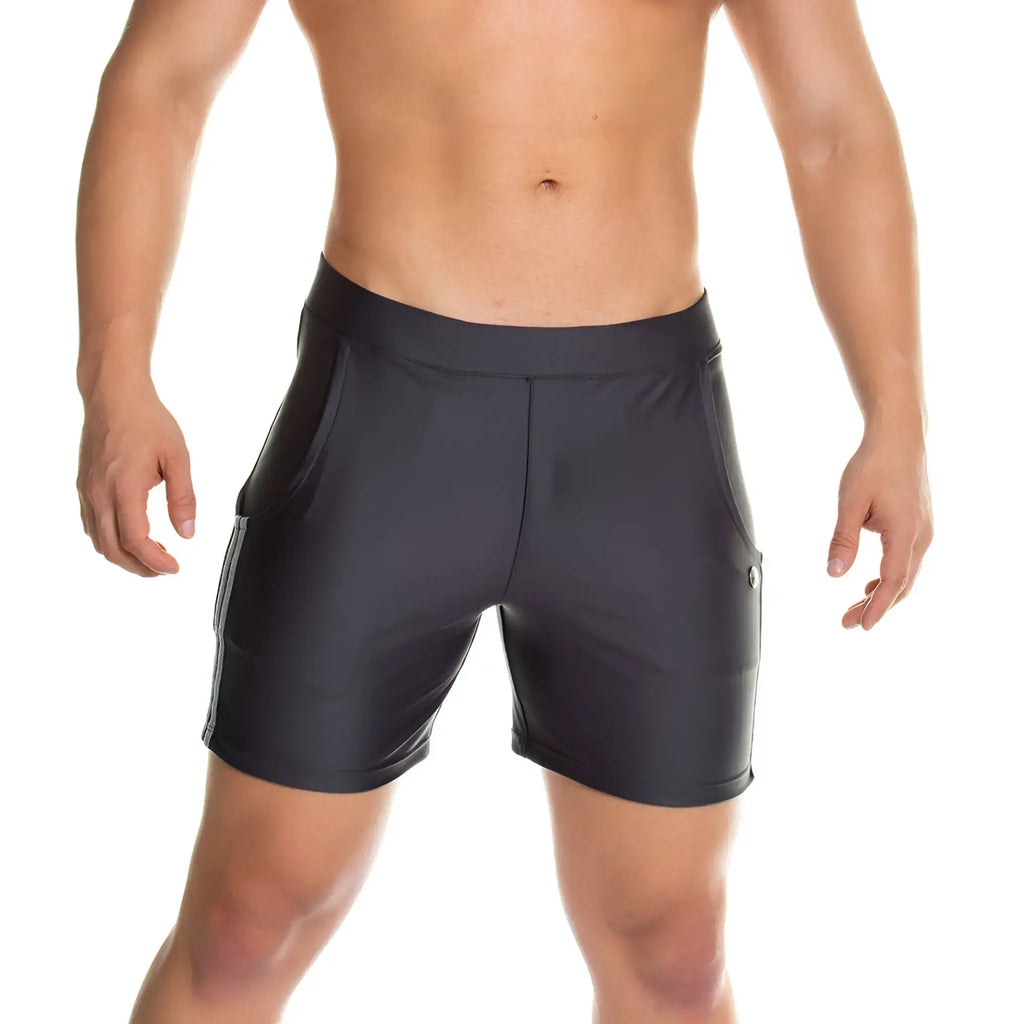 Black gigo energetic gray short athletic shorts with sleek fit and subtle white vertical stripes on side seams