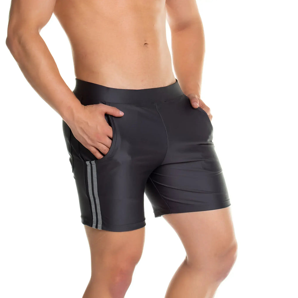 Black gigo energetic gray athletic shorts with two vertical gray stripes on the side for active wear