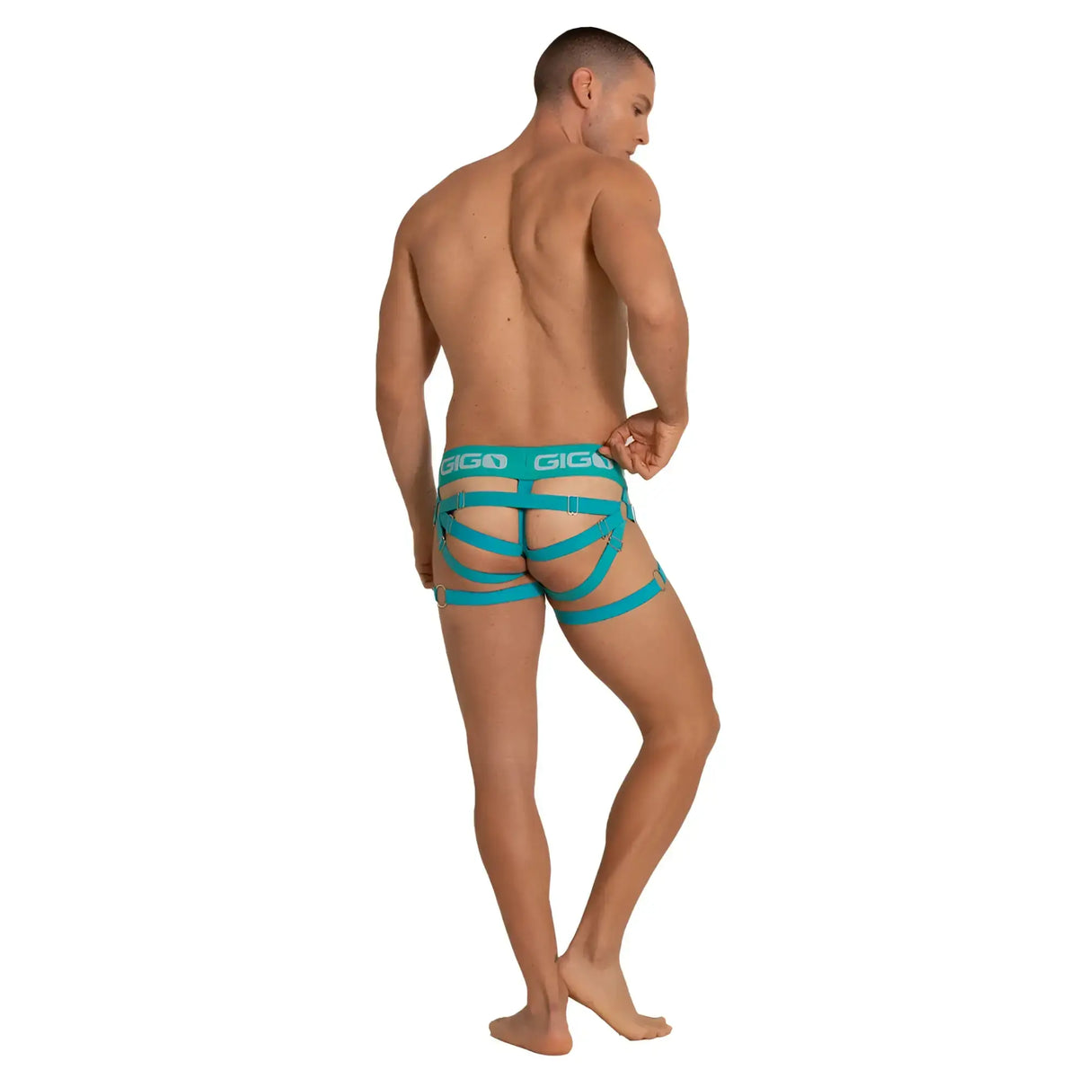 Teal gigo energetic green jock harness-style briefs with multiple straps and branded waistband front view