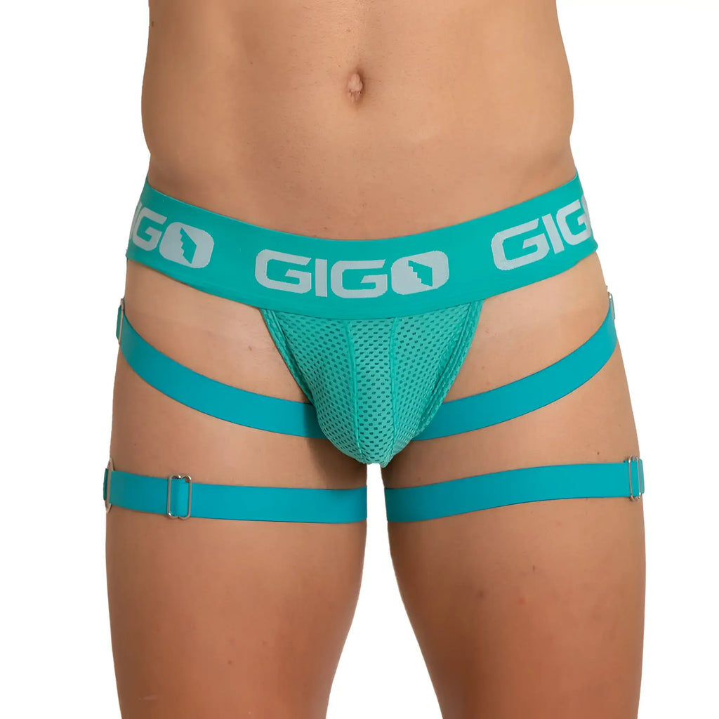 Teal gigo brand menÃ¢â‚¬â„¢s mesh briefs with adjustable leg straps and branded waistband for energetic sporty wear