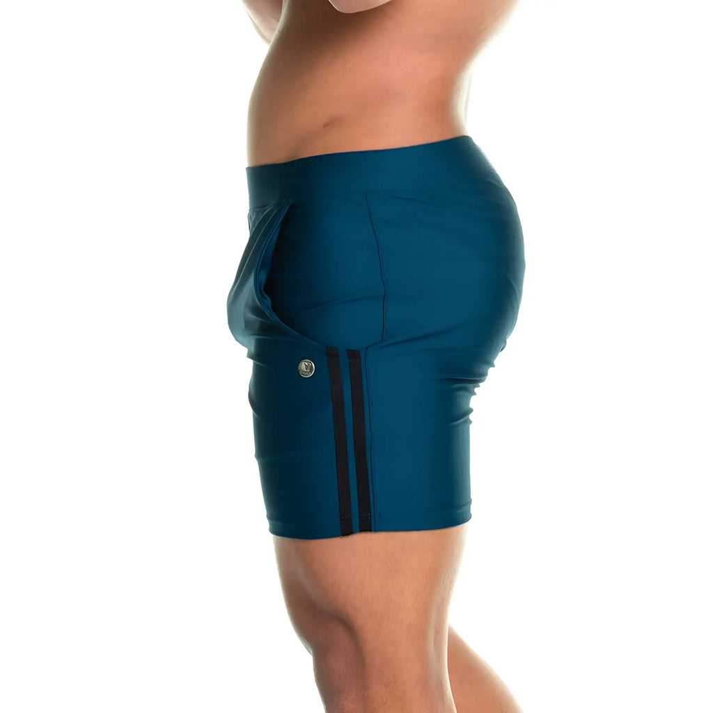 Gigo Energetic Green short teal athletic shorts with black side stripes and a metallic button on the thigh
