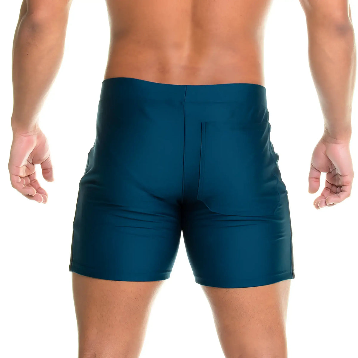 Dark teal gigo energetic green short swim trunks with sleek form fitting design and subtle seam detail on back side