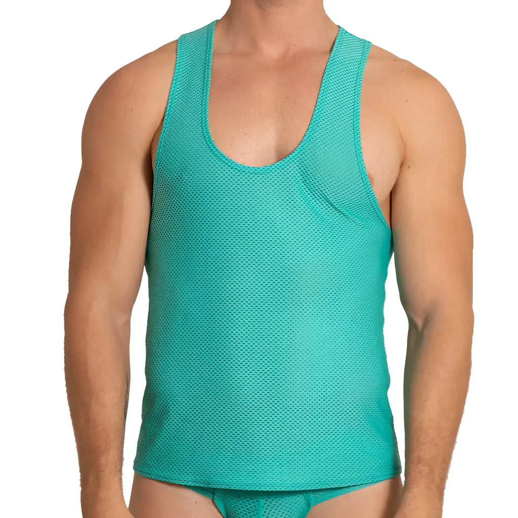 A teal mesh tank top with scoop neckline and wide shoulder straps from gigo energetic green tank collection