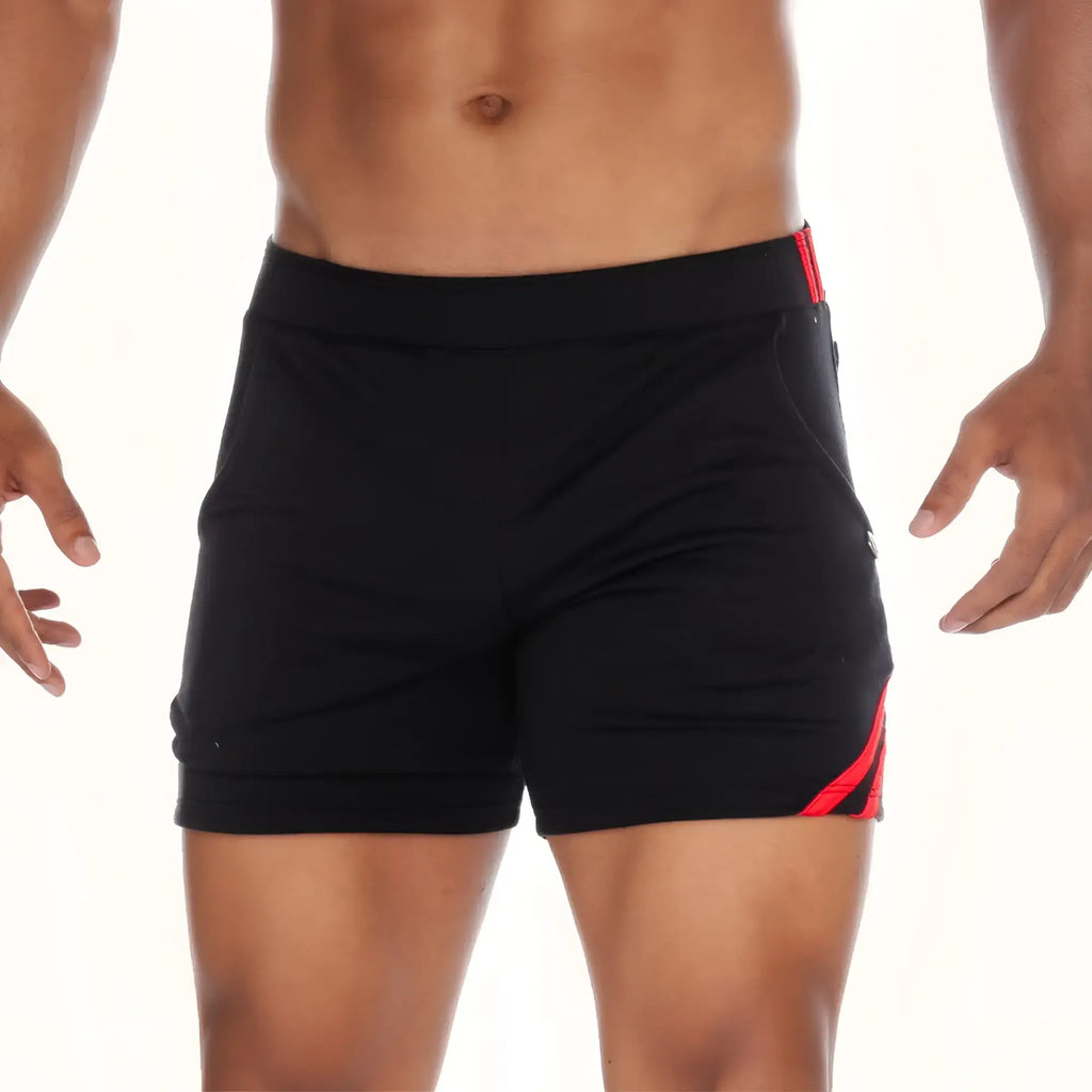 Gigo Energy black athletic shorts with red accent stripes on the side and waistband for active wear
