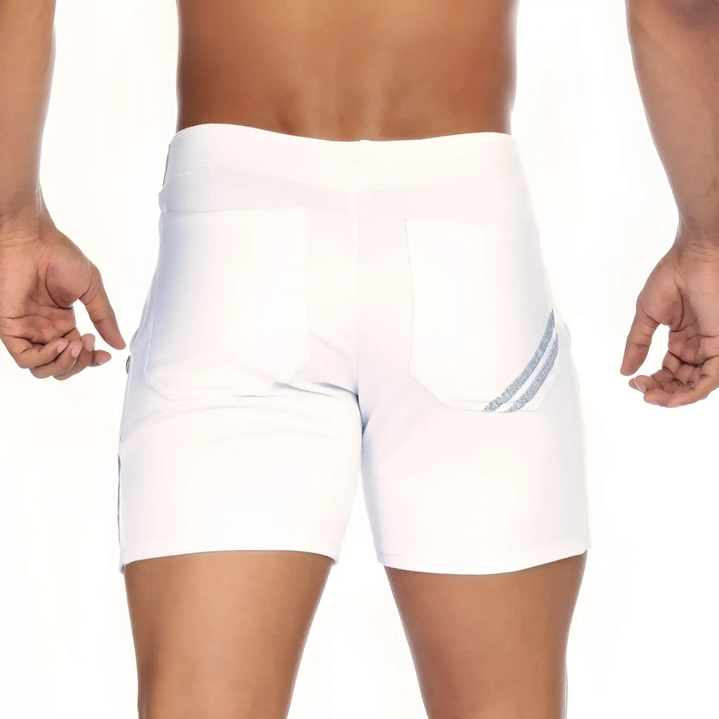 White athletic shorts gigo energy with high-waisted design and subtle gray diagonal stripes on back pockets back view