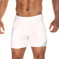 Gigo Energy white athletic shorts with gray diagonal stripes on the side designed for active wear