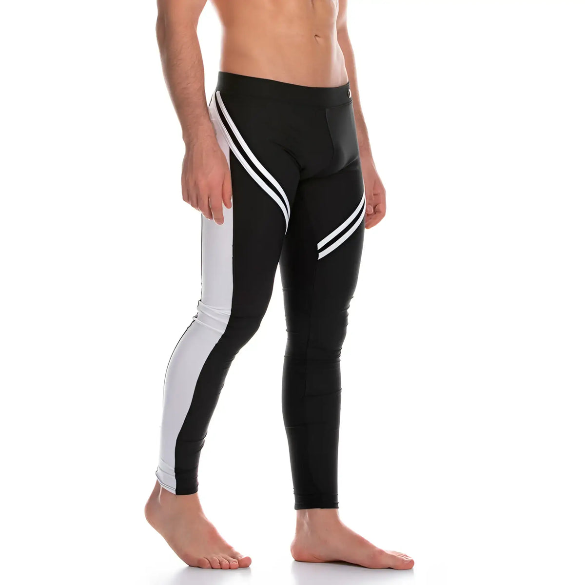 Gigo enigmatic black leggings in black and white with bold diagonal stripes down the sides for athletic wear