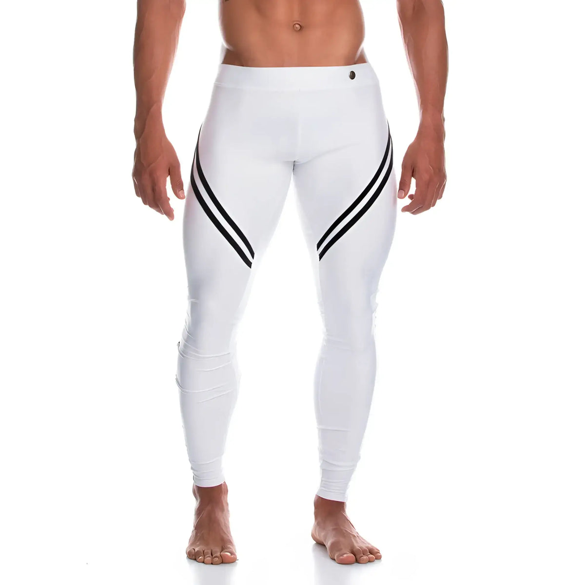 Gigo Enigmatic white athletic leggings with bold black diagonal stripes on outer thighs for active wear