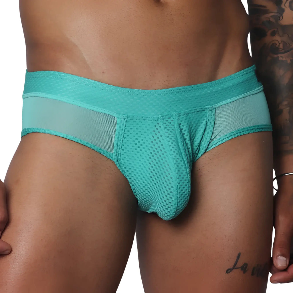 Aqua turquoise briefs in a breathable, textured mesh fabric with sheer side panel detailing.