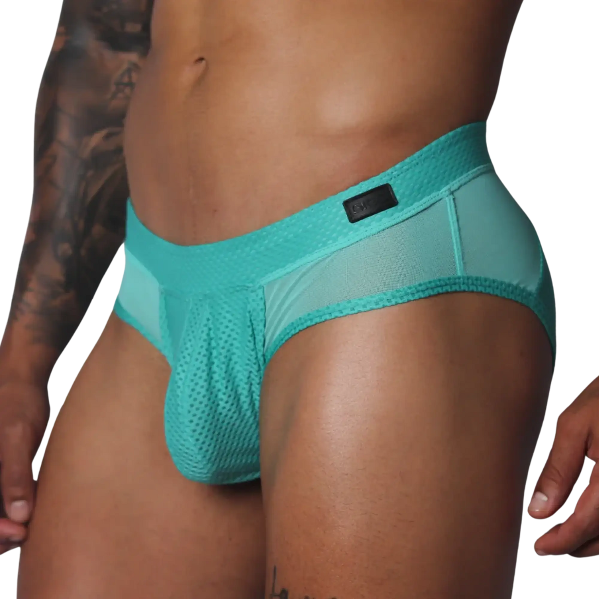 Aqua-coloured athletic briefs featuring textured mesh fabric, side panels, and a Gigo branded waist patch.