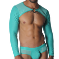 Aqua mesh long-sleeve crop harness with a metallic O-ring detail at the center neckline.