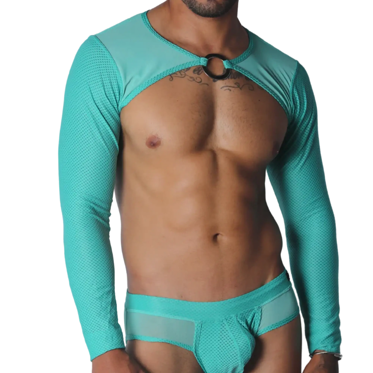 Aqua mesh long-sleeve crop harness with a metallic O-ring detail at the center neckline.