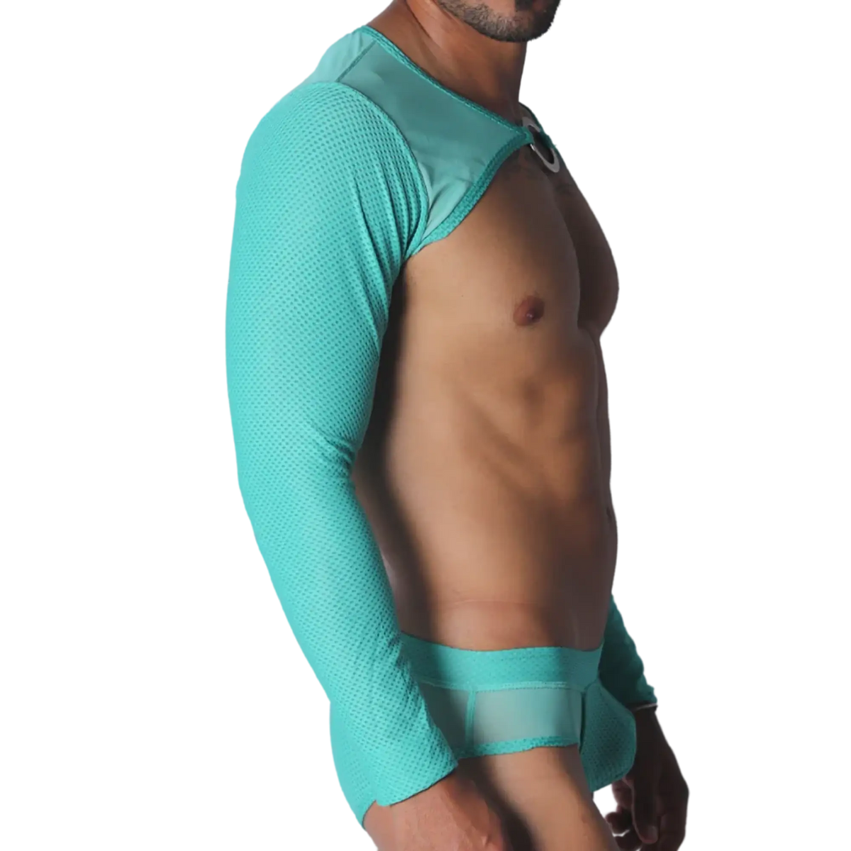 Aqua blue long-sleeve mesh crop harness with a metallic O-ring chest detail and matching briefs.