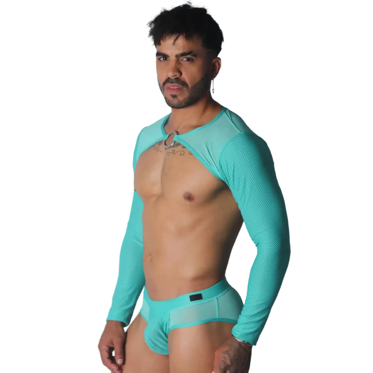 Aqua-coloured mesh crop harness with long sleeves, a central metal ring detail, and matching mesh briefs.