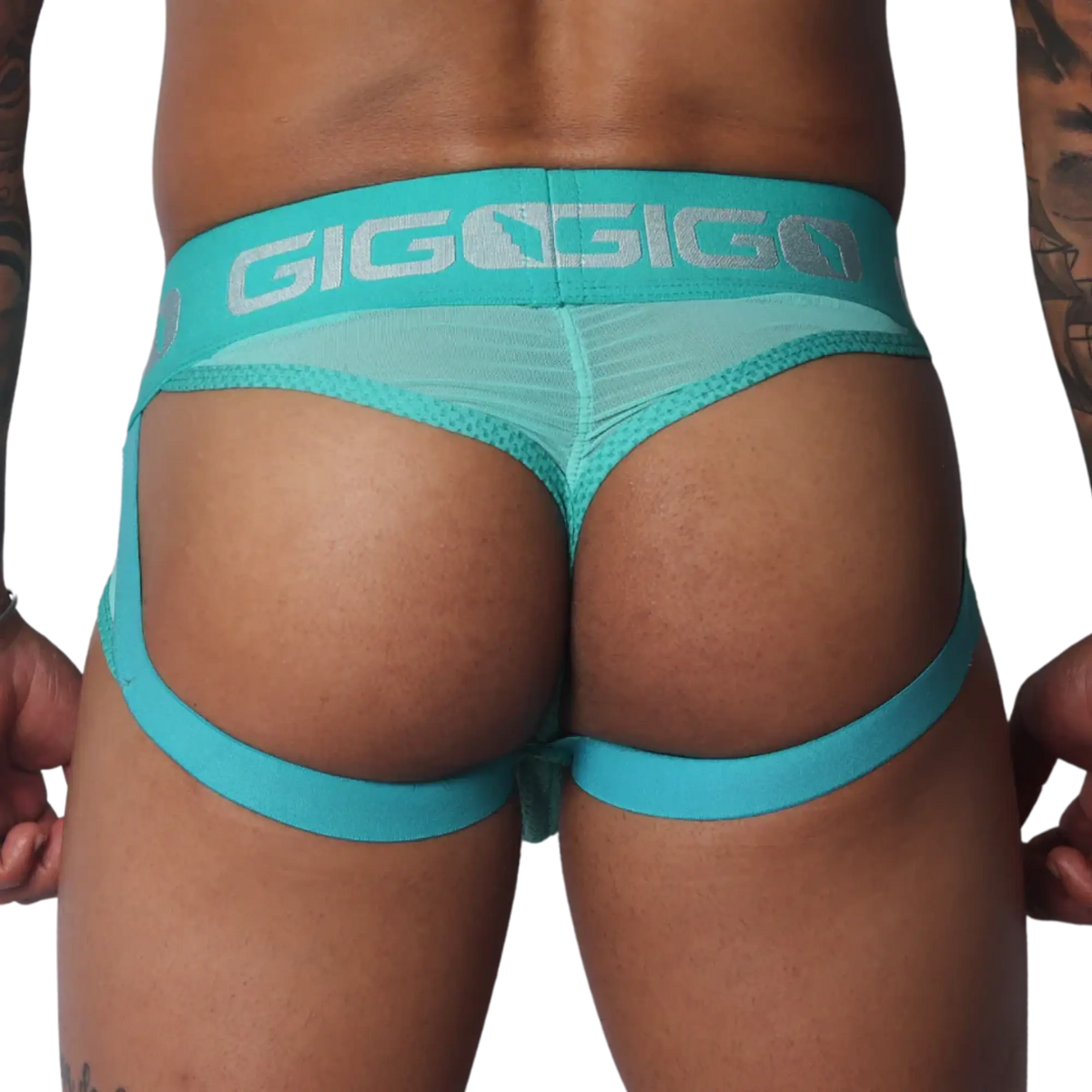 Aqua jockstrap made of sheer mesh with a thick branded waistband and elastic leg straps.