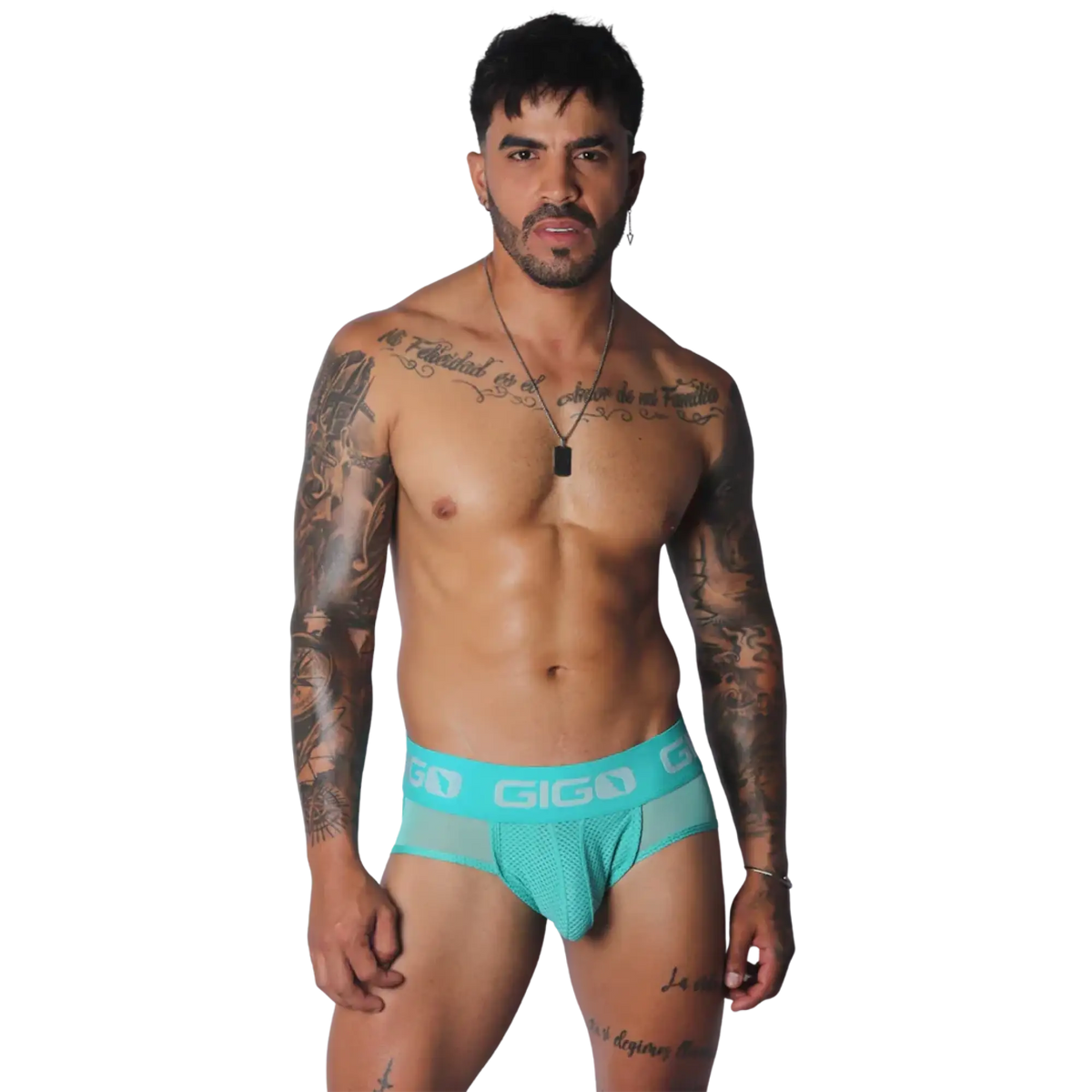 Aqua jock thong with mesh fabric, supportive pouch, and wide, branded elastic waistband with white logo lettering.