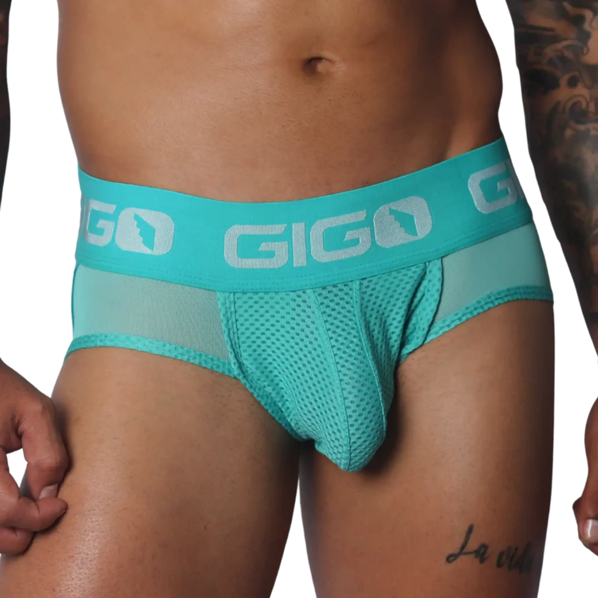 Aqua jock thong with breathable mesh fabric and wide elastic waistband featuring a repeating silver Gigo logo.