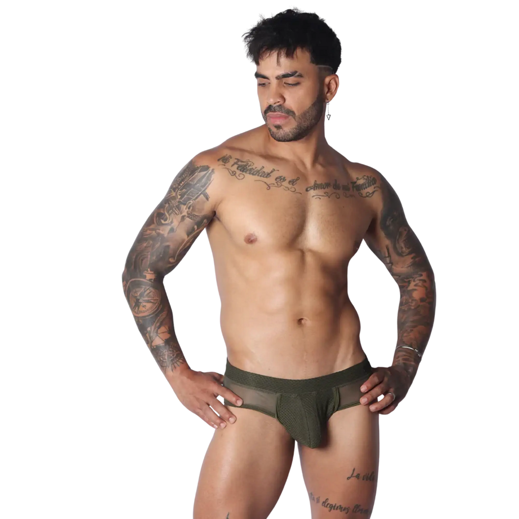 Olive green low-rise briefs featuring a textured mesh pouch and sheer side panels with a wide elastic waistband.