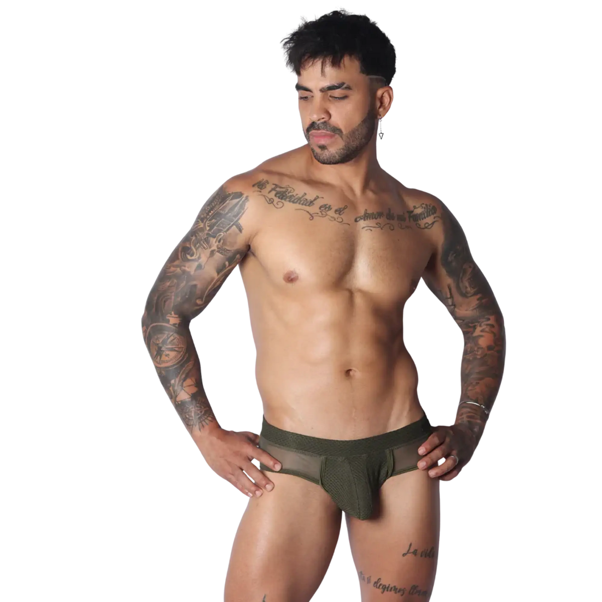Olive green low-rise briefs featuring a textured mesh pouch and sheer side panels with a wide elastic waistband.