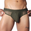 Olive green brief featuring textured mesh fabric, a low-rise waistband, and sheer side panel detailing.