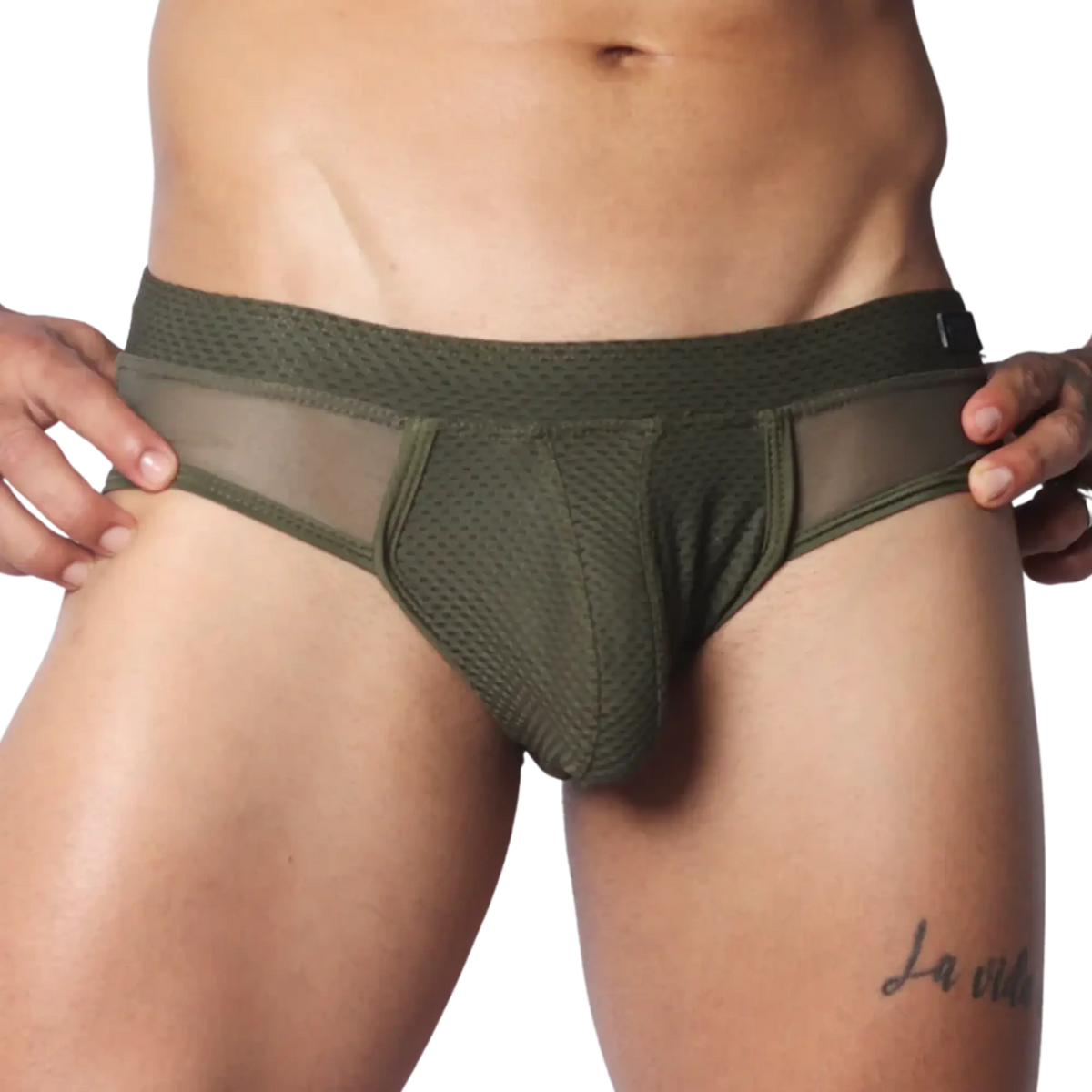 Olive green brief featuring textured mesh fabric, a low-rise waistband, and sheer side panel detailing.