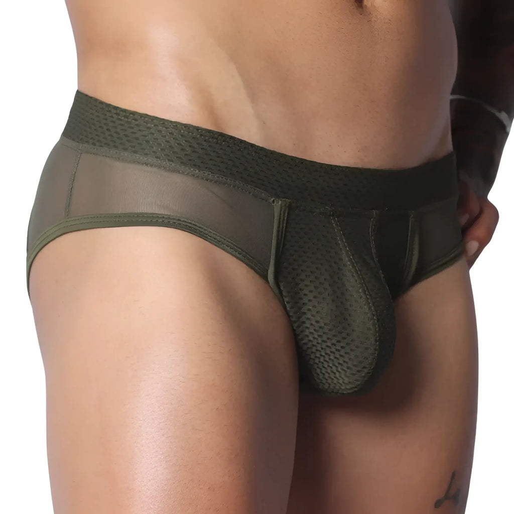 Olive green men's briefs featuring a structured mesh pouch, sheer side panels, and a textured, wide waistband.