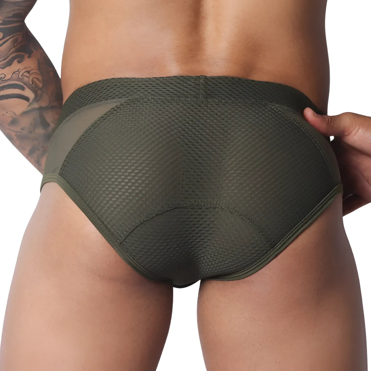 Olive green athletic briefs in textured mesh fabric with smooth side panels and rear contoured stitching.
