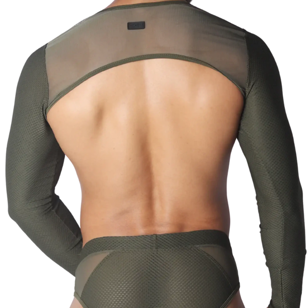 Olive green long-sleeve harness with a textured mesh design and open back.